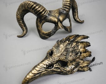 Gold Black Masquerade Set Mask for Halloween | Couples Costume, Large Krampus Ram Horn Demon Mask & Raven Feather Skull Long Nose Beak