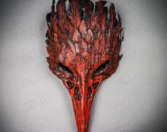 Máscara de pájaro con plumas rojas y negras, calavera de nariz larga, disfraz de cuervo estilo steampunk, máscara de calavera de pájaro para Halloween con plumas de médico de la peste.