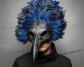 Large Blue Feather Halloween Masquerade for Men & Women, Top Peacock Feather Long Nose Bird Skull Raven Crow Mask, Plague Beak Mask Costume