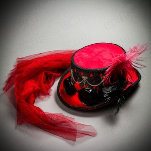 Steampunk Victorian RED Deluxe Feather Laces with Dark Goggles Women Tea Party Top Hat | Halloween Wedding Music Festival Cosplay Costume