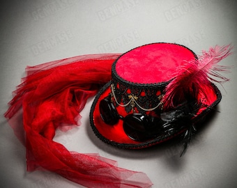 Steampunk Victorian RED Deluxe Feather Laces with Dark Goggles Women Tea Party Top Hat | Halloween Wedding Music Festival Cosplay Costume