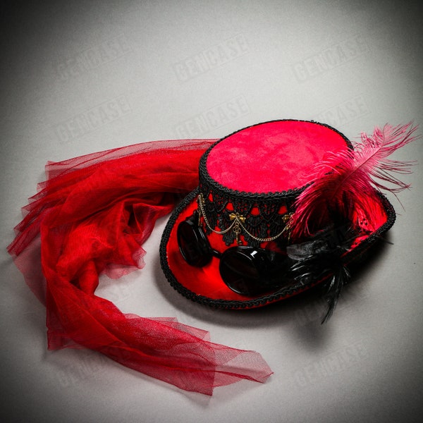 Steampunk Victorian RED Deluxe Cordones de plumas con gafas oscuras Mujeres Tea Party Top Hat / Halloween Wedding Music Festival Cosplay Traje