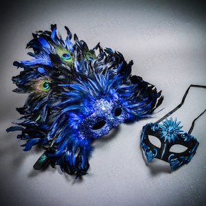 BLUE Luxury Couple&#39;s Carnival Venetian Masquerade Mask with Mardi Gras Large Top Peacock Feather and Roman Men Party Mask
