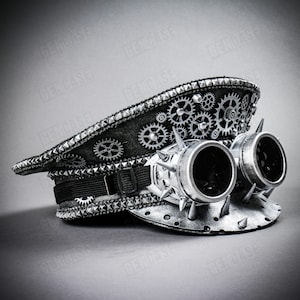 Silver Steampunk Spikes Dark Lens Goggles Military Captains Hat Festival Halloween Party Cap Hat For Men and Women