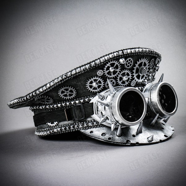 Silver Steampunk Spikes Dark Lens Goggles Military Captains Hat Festival Halloween Party Cap Hat For Men and Women