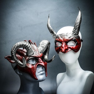 Red Devil Halloween Couple Masquerade Cosplay, Scary Mask, Silver Kramus Sheep Ram Horns Demon Face Mask, Men Women Goblin Devil Horned Mask