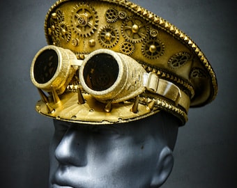 Gold Vintage Steampunk Top Hat with Goggles and Gears - Captain Top Hat for Burning Man Festival, Spikes Clockwork Top Hat, Victorian Hat