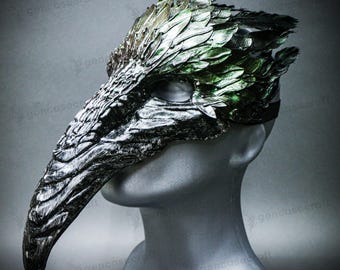 Máscara de plumas de cuervo realista, color negro y verde, para disfraz de Halloween, de nariz larga, de médico de la peste, águila, halcón, cuervo, pájaro, calavera.