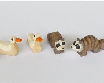 Hand Carved Wooden Noah's Ark Animals Skunk, Ducks, Raccoon's, Black Swan's and Rabbits