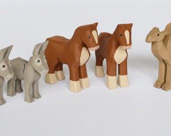 Hand Carved Wooden Noah's Ark Animals Donkey, Draft Horse, One Hump Camel and Spotted Ponies