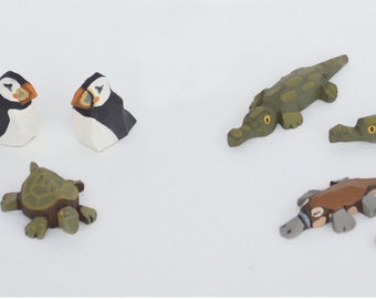 Hand Carved Wooden Noah's Ark Animals Turtles, Puffins, Alligators and Platypus