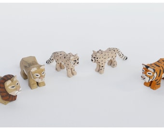 Animales del Arca de Noé de madera tallada a mano León, guepardo y tigres