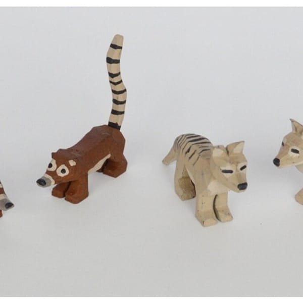 Hand Carved Wooden Noah's Ark Animals, Wooden Animals, Tasmanian Devils, Coati's, Tasmanian Tigers and Numbats.  Hand Carved