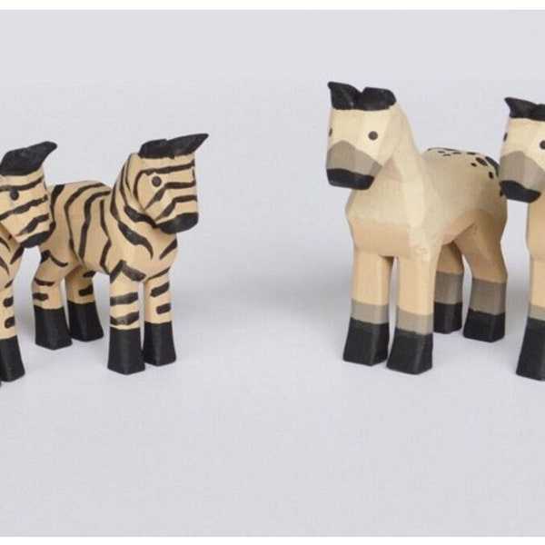 Hand Carved Wooden Noah's Ark Animals Llama's, Zebra's, Horse and Rhinoceros