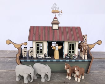 Wooden Noah&#39;s Ark, Handmade Noah&#39;s Ark, Wooden Noah&#39;s Ark Toy, Wood Noahs ark animals