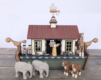 Wooden Noah's Ark, Handmade Noah's Ark, Wooden Noah's Ark Toy, Wood Noahs ark animals