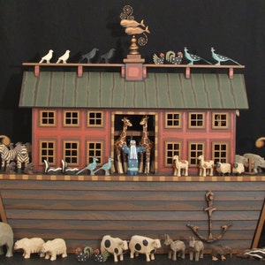 Heirloom Ark, Hand Carved Wooden Noah&#39;s Ark, Wooden Noahs Ark, Noahs Ark Animals, Wood Noah&#39;s Ark