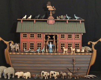 Heirloom Ark, Hand Carved Wooden Noah&#39;s Ark, Wooden Noahs Ark, Noahs Ark Animals, Wood Noah&#39;s Ark