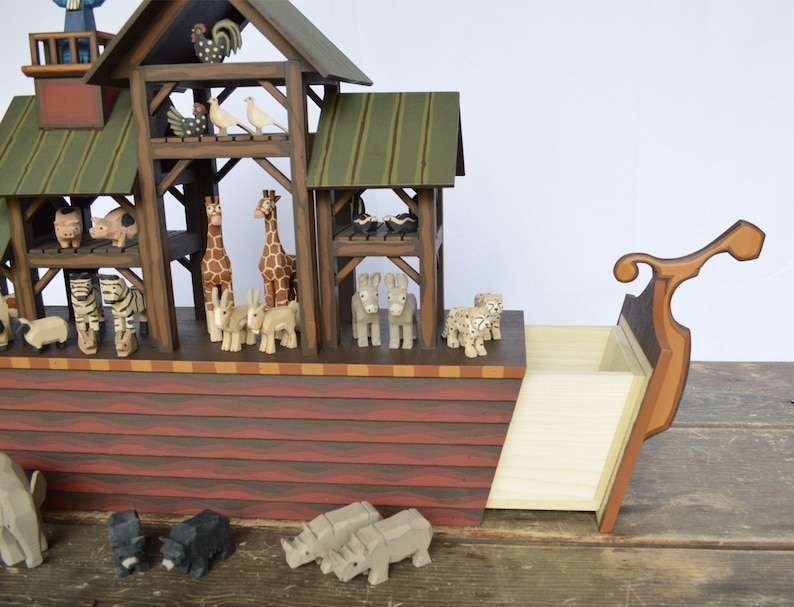 Arca de Noé de madera hecha a mano, Arca de Noé de madera, animales de madera tallados a mano imagen 3