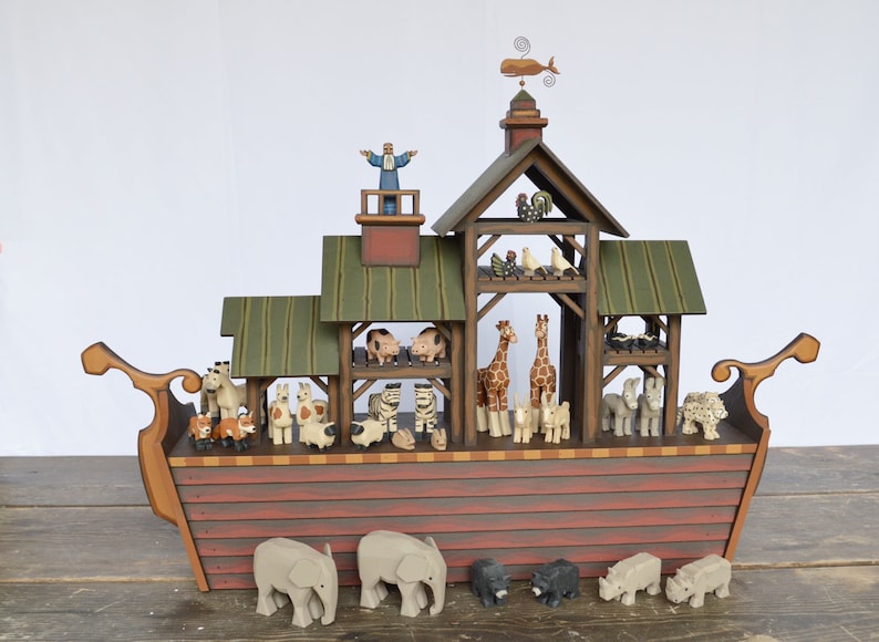 Arca de Noé de madera hecha a mano, Arca de Noé de madera, animales de madera tallados a mano imagen 1