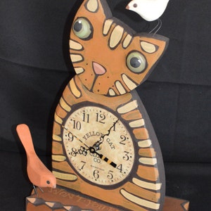 Whimsical Wooden Folk Art Cat Clock
