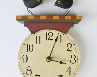 Wall Bird Clock-Bird Clock, Shelf Clock with Hand Carved Birds