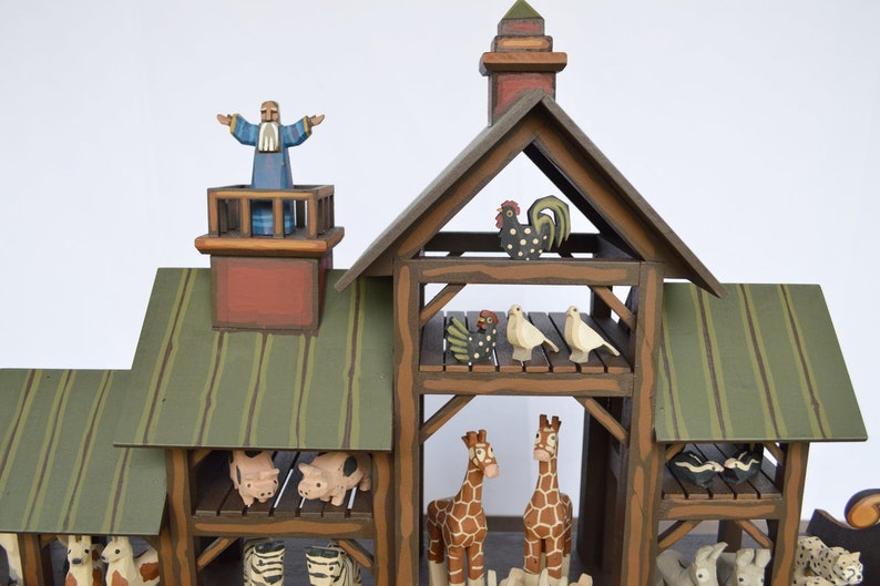 Arca de Noé de madera hecha a mano, Arca de Noé de madera, animales de madera tallados a mano imagen 4