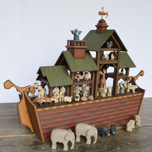 Handmade Wooden Noah's Ark, Wood Noah's Ark, Hand Carved Wooden Animals ...