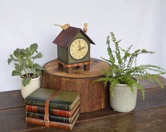 Bird House Clock, Wood Bird house with clock and hand carved birds