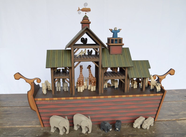 Arca de Noé de madera hecha a mano, Arca de Noé de madera, animales de madera tallados a mano imagen 9