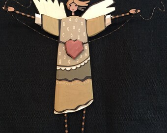 Handcrafted Tulip Poplar Angel: Folk Art Wall Decor (16x24)