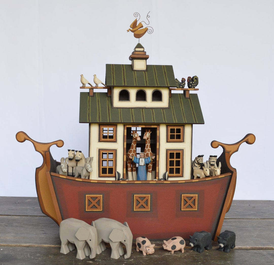Wooden Noah's Ark, Handmade Wooden Noah's Ark, Hand Carved Animals - Etsy