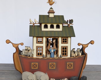 Wooden Noah's Ark, Handmade Wooden Noah's Ark, Hand Carved Animals