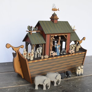 Handmade Wooden Noah's Ark, Wood Noah's Ark, Hand Carved Wooden Animals ...