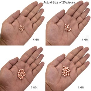 May include: Four images showing the size of 25 copper beads in different sizes. The beads are 3 mm, 4 mm, 5 mm, and 6 mm in diameter.