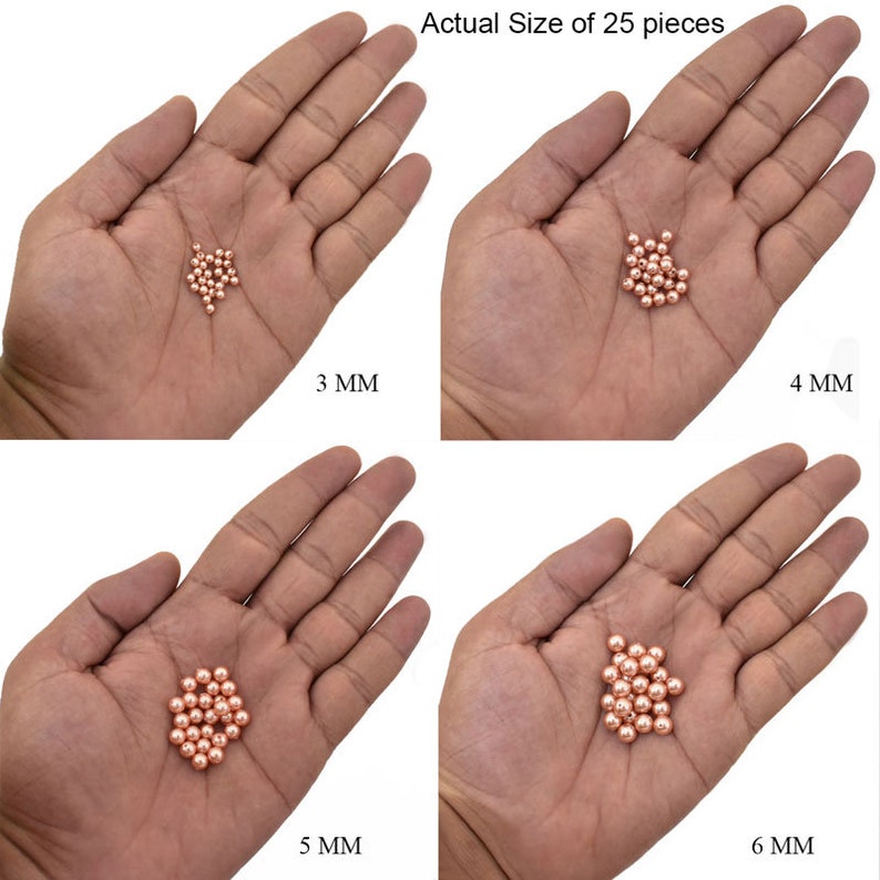 May include: Four images showing the size of 25 copper beads in different sizes. The beads are 3 mm, 4 mm, 5 mm, and 6 mm in diameter.