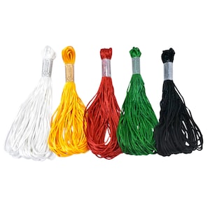 May include: Five bundles of colorful embroidery floss in white, yellow, red, green, and black. Each bundle is wrapped with a paper label and silver foil. The floss is tightly wound at the top and flares out at the bottom.