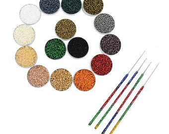 Round Glass Seed Beads Mix and Festive Collection of Aari Needles Combo