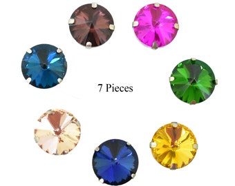 Assorted Color Sew on Glass Rivoli Crystal Stone with Catcher/Rhinestones Rivoli beads/Sew On Rhinestone With Brass Catcher-7 Pieces(18MM)