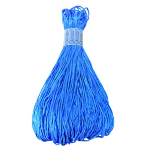 May include: A bundle of bright blue cord, tightly wrapped at the top with a paper label. The cord is made of many thin strands, fanning out from the wrapped section. The background is plain white.