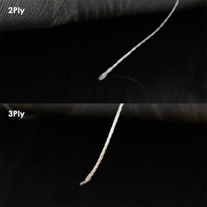 May include: Close-up of two white threads, one labeled "2Ply" and the other "3Ply". The threads are twisted together and appear to be made of cotton.