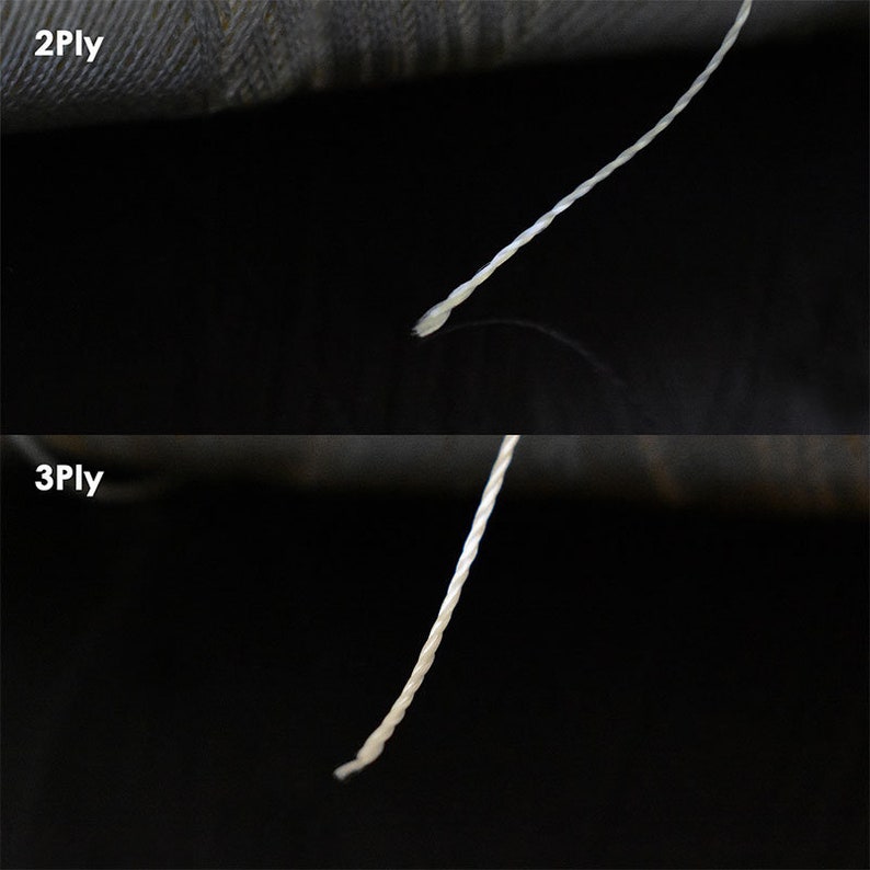 May include: Close-up of two white threads, one labeled "2Ply" and the other "3Ply". The threads are twisted together and appear to be made of cotton.