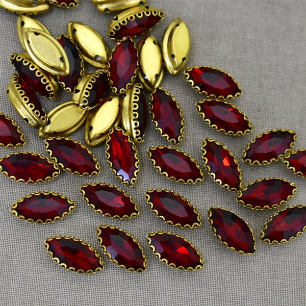 25 Pieces, Dark Red Color Sew on Glass Crystal Stone/Rhinestones Crystal beads/Sew On Rhinestone With Claw-Catcher Made of Brass