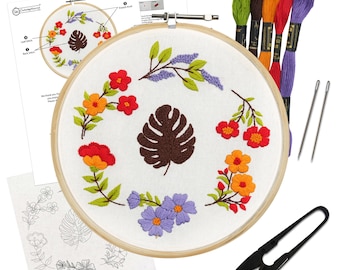 Kit de bordado para principiantes, kit de costura DIY, aro, aguja, hilo, material para manualidades, kit de punto de cruz, set de regalo de bordado (floral)