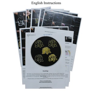May include: A set of instructions for a goldwork embroidery project featuring a black and gold rose garden design. The instructions include a diagram of the design and basic stitches for goldwork embroidery. The text includes the phrase "Rose Garden" and "Greetings".