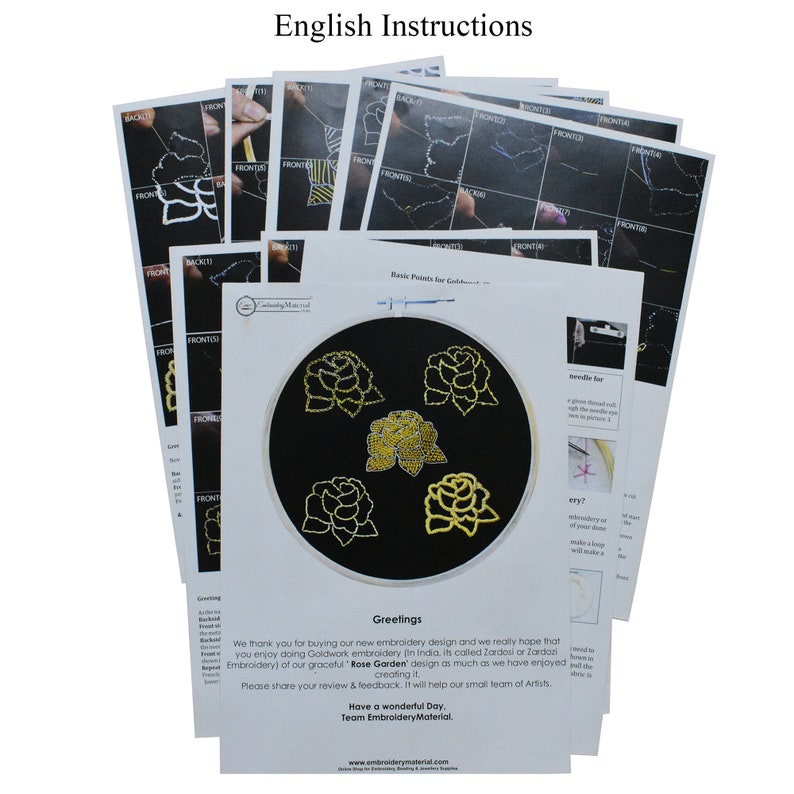 May include: A set of instructions for a goldwork embroidery project featuring a black and gold rose garden design. The instructions include a diagram of the design and basic stitches for goldwork embroidery. The text includes the phrase "Rose Garden" and "Greetings".