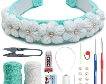 DIY Crochet Headband Kit, Boho Floral Hair Accessory Craft Kit, Complete Beginner Kit with Yarn, Hooks & Pearl Beads, Handmade Gift