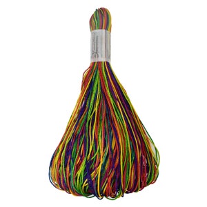 Puede incluir: Un conjunto de hilo de bordar de colores en rojo, naranja, amarillo, verde, azul y morado. El hilo está envuelto en una manga de plástico transparente con una etiqueta que dice "Embroidery Material".