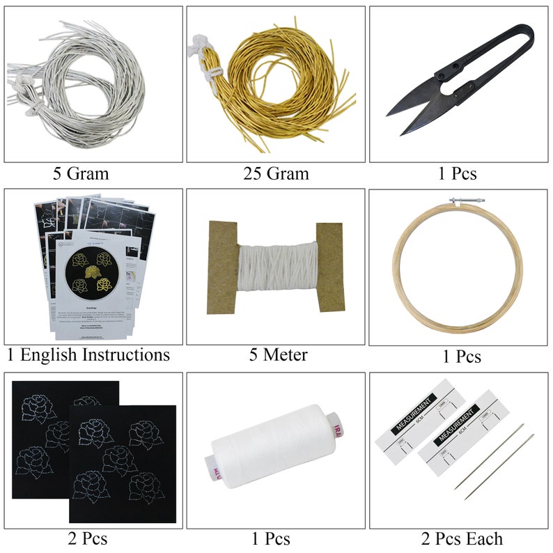 May include: Embroidery kit with white thread, gold thread, embroidery hoop, needles, scissors, and two black fabric panels with white rose designs. The kit also includes instructions and a measurement tool.