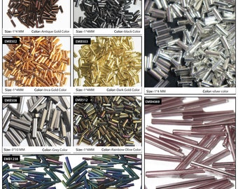 May include: Assortment of glass beads in various colors and sizes. The beads are shaped like small cylinders. The beads are arranged in rows and labeled with their size and color.